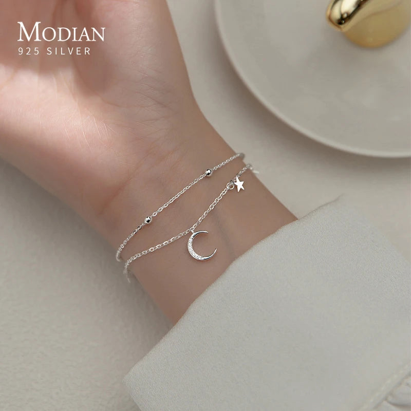925 Sterling Silber Armband mit Mond- und Sternanhängern