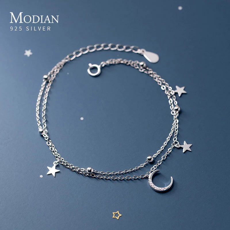 925 Sterling Silber Armband mit Mond- und Sternanhängern