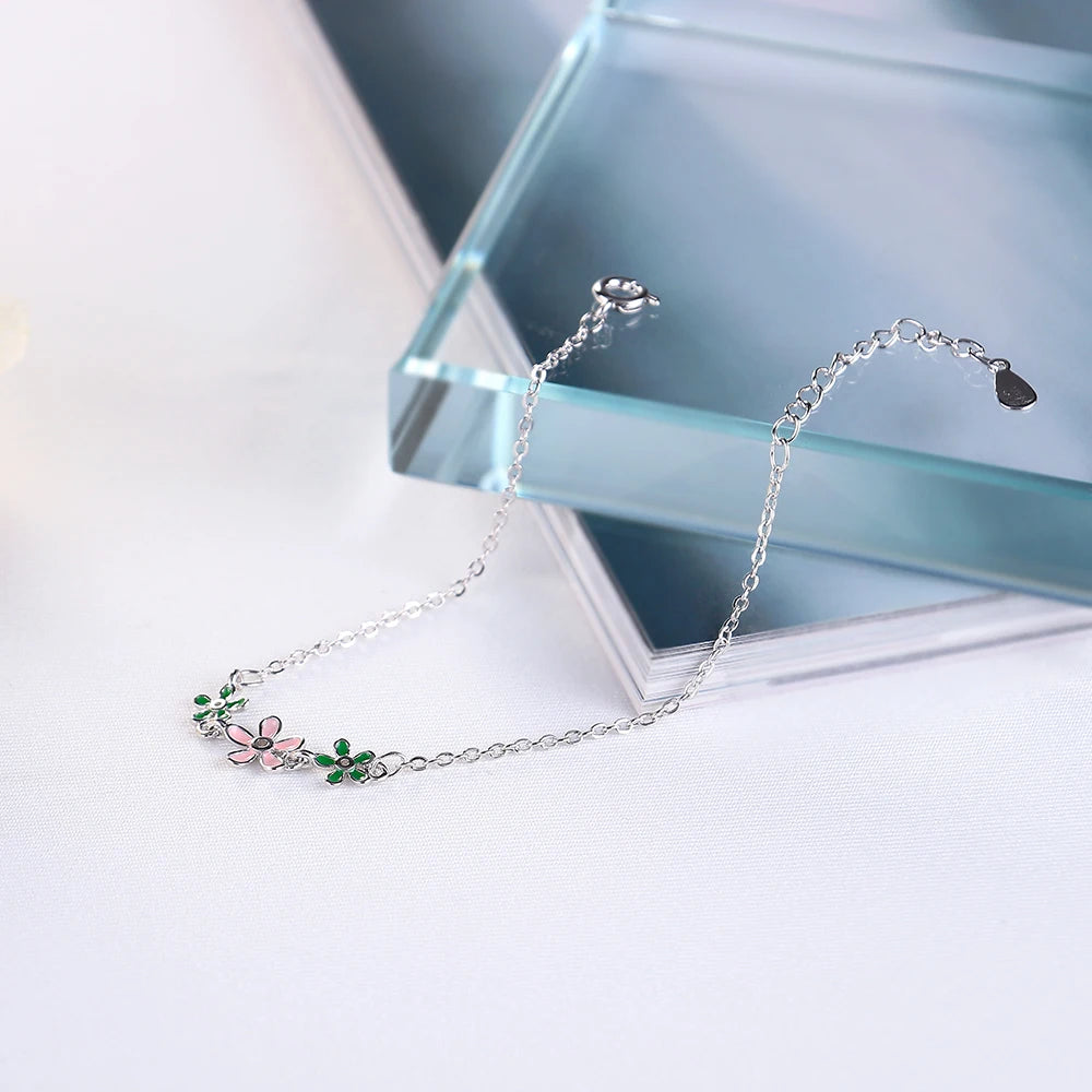925 Sterling Silber Blumen-Armband – zartes Design mit rosa und grünen Zirkonblüten