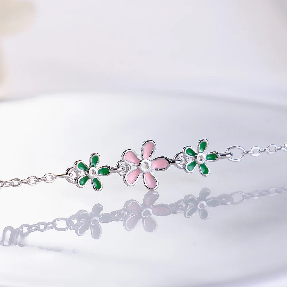 925 Sterling Silber Blumen-Armband – zartes Design mit rosa und grünen Zirkonblüten