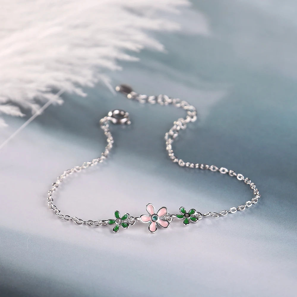 925 Sterling Silber Blumen-Armband – zartes Design mit rosa und grünen Zirkonblüten