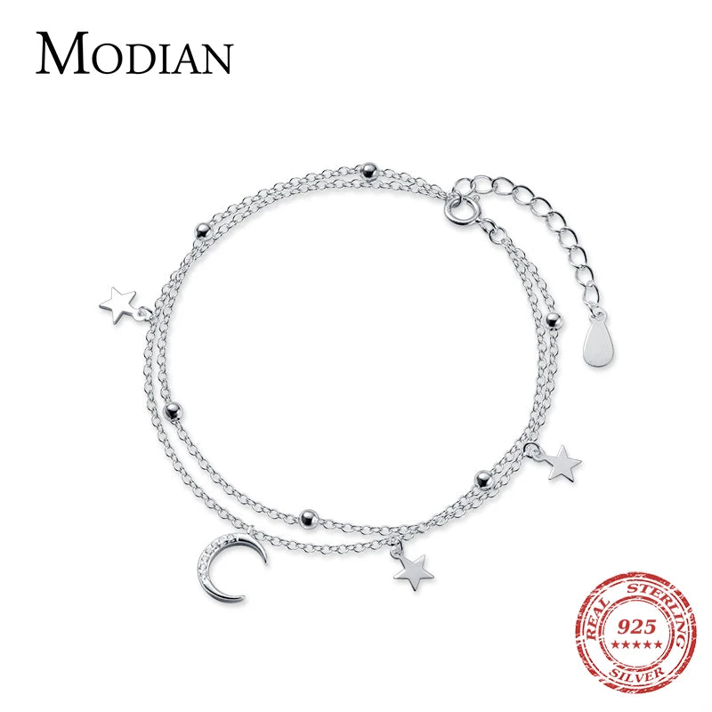 925 Sterling Silber Armband mit Mond- und Sternanhängern