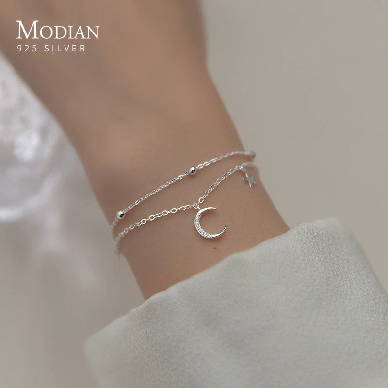 925 Sterling Silber Armband mit Mond- und Sternanhängern