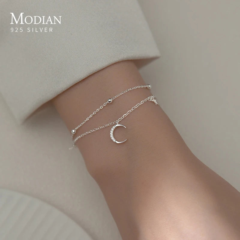925 Sterling Silber Armband mit Mond- und Sternanhängern