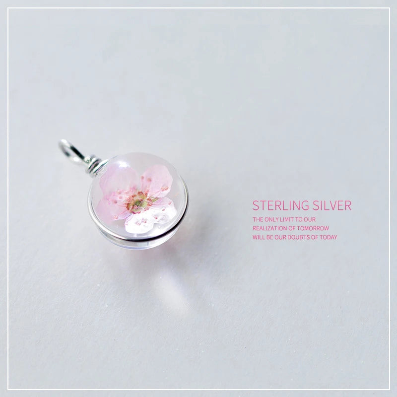 925 Sterling Silber Halskette mit echter Blüte im Glas-Anhänger