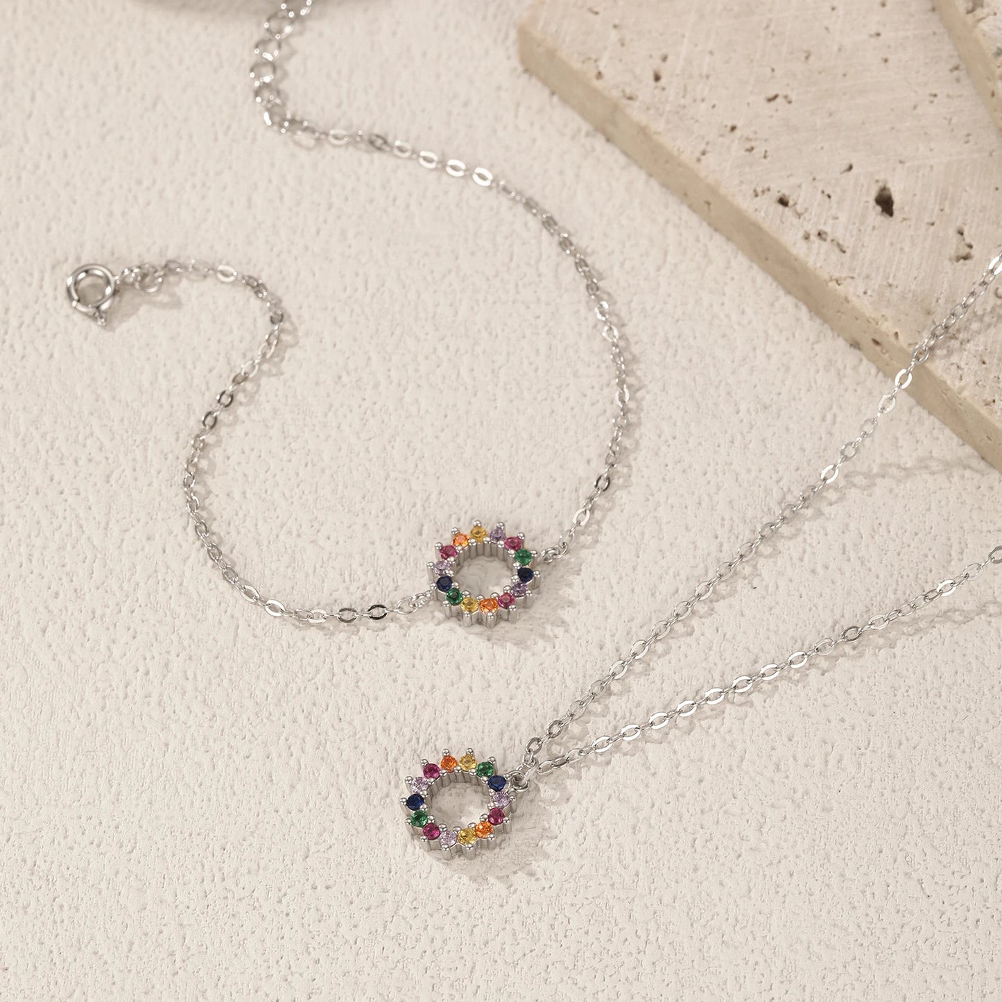925 Sterling Silber Schmuckset mit buntem Sonnenmotiv – Kette & Armband mit Zirkonsteinen