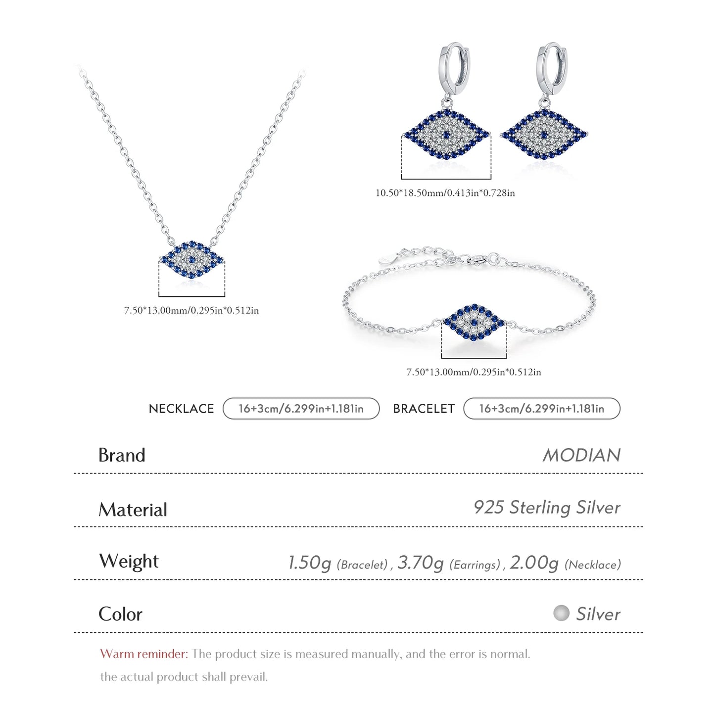 925 Sterling Silber „Evil Eye“ Schmuckset – Kette, Armband & Ohrringe mit blauen Zirkonsteinen