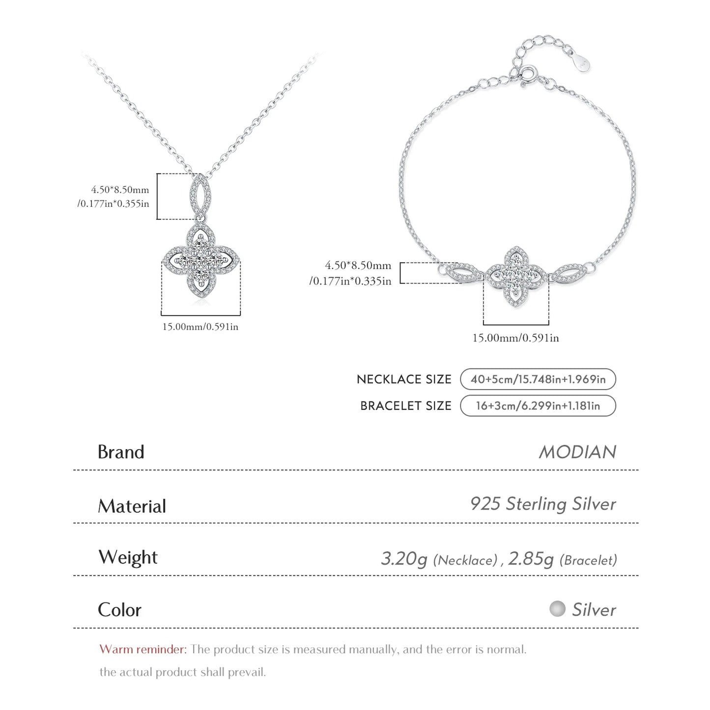 925 Sterling Silber Schmuckset mit Zirkonblüte – Kette & Armband im eleganten Design