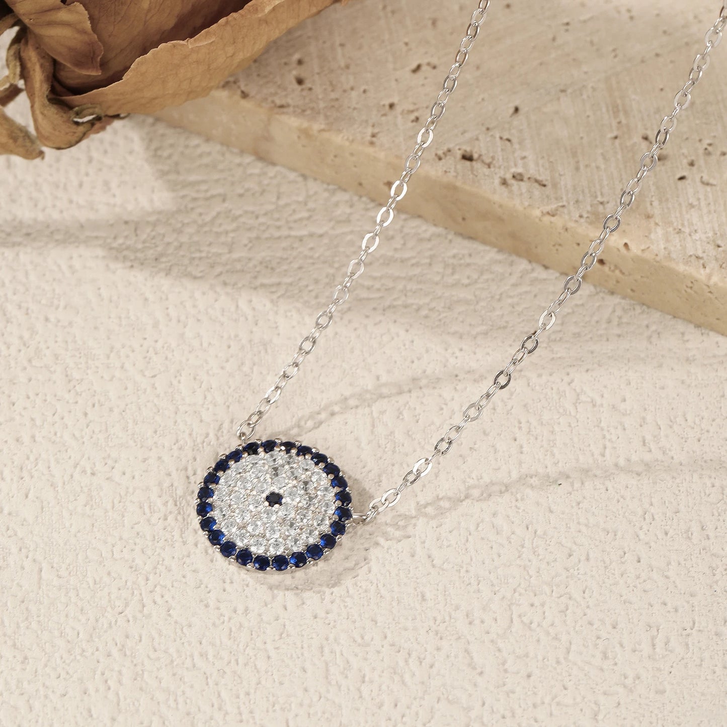 925 Sterling Silber Halskette mit blauem Zirkon-Anhänger – Rundes Schutzdesign in Silber