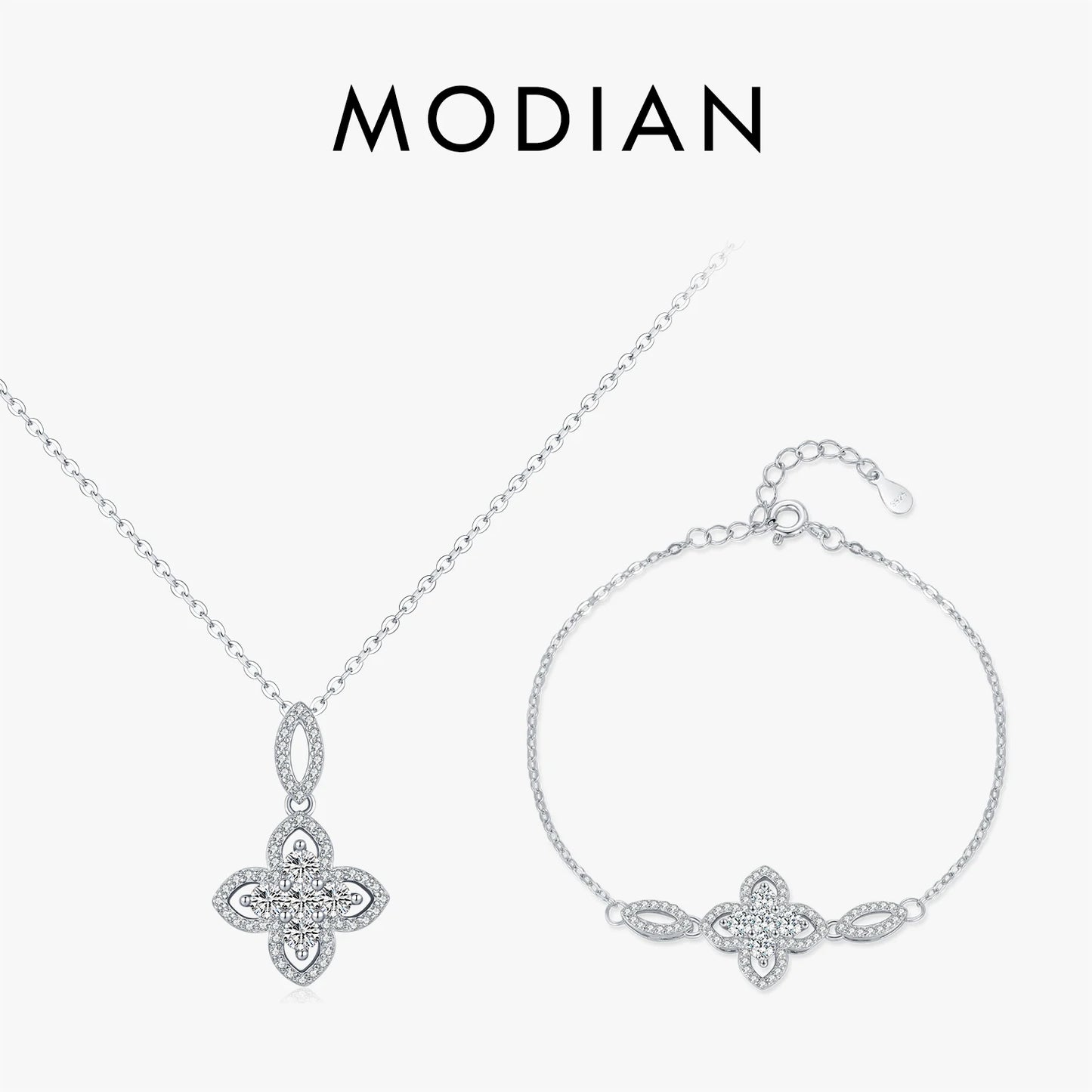 925 Sterling Silber Schmuckset mit Zirkonblüte – Kette & Armband im eleganten Design