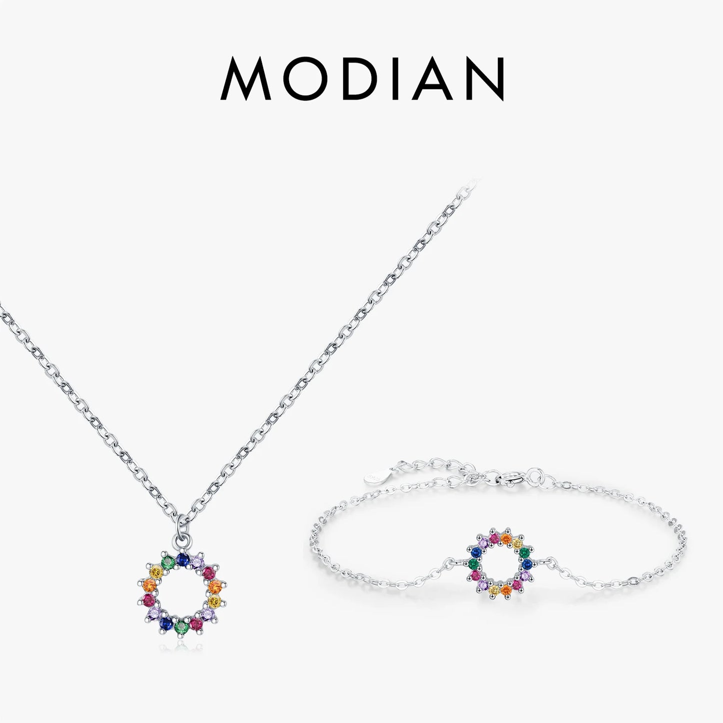 925 Sterling Silber Schmuckset mit buntem Sonnenmotiv – Kette & Armband mit Zirkonsteinen