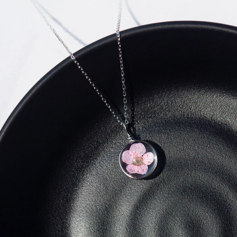 925 Sterling Silber Halskette mit echter Blüte im Glas-Anhänger