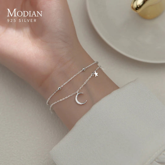 925 Sterling Silber Armband mit Mond- und Sternanhängern