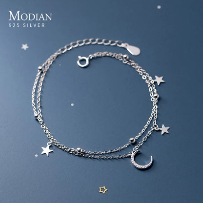 925 Sterling Silber Armband mit Mond- und Sternanhängern