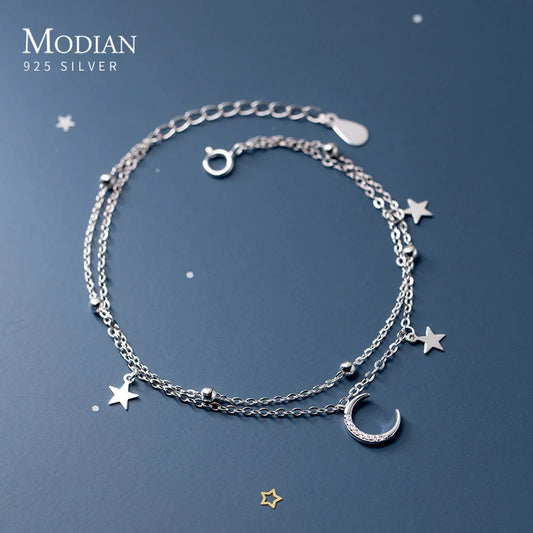 925 Sterling Silber Armband mit Mond- und Sternanhängern
