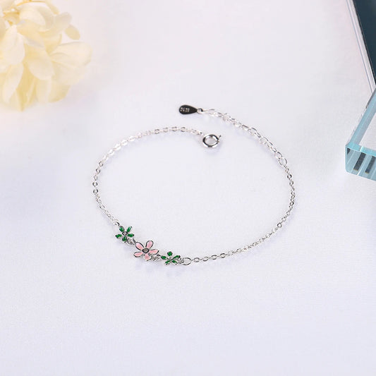 925 Sterling Silber Blumen-Armband – zartes Design mit rosa und grünen Zirkonblüten
