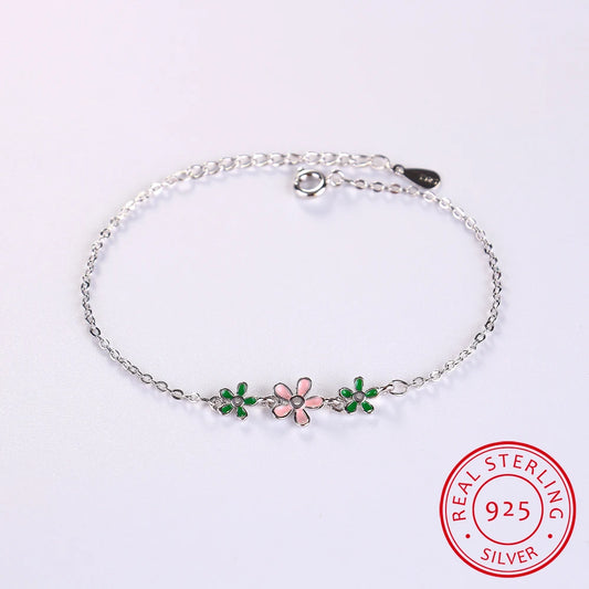 925 Sterling Silber Blumen-Armband – zartes Design mit rosa und grünen Zirkonblüten