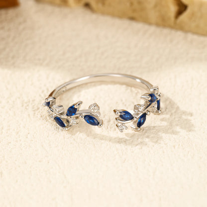 925 Sterling Silber Ring mit blauen Zirkonblättern – elegantes Blattdesign