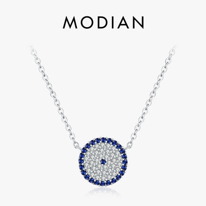 925 Sterling Silber Halskette mit blauem Zirkon-Anhänger – Rundes Schutzdesign in Silber