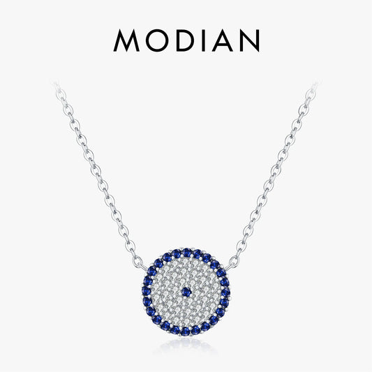 925 Sterling Silber Halskette mit blauem Zirkon-Anhänger – Rundes Schutzdesign in Silber