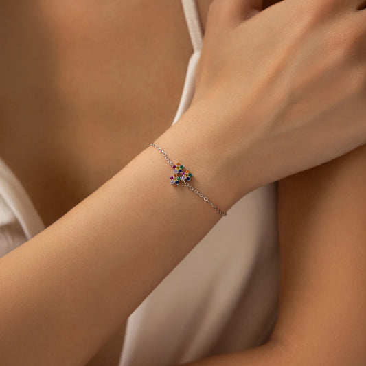 925 Sterling Silber Armband mit bunter Zirkonblüte – filigranes Design für romantische Momente