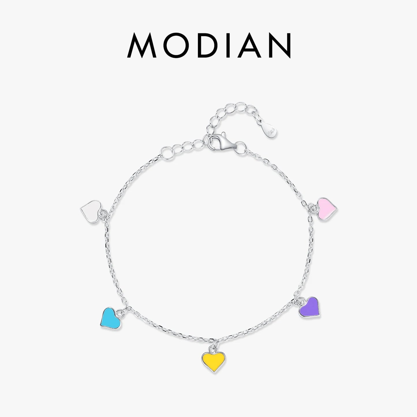 925 Sterling Silber Armband mit bunten Herz-Anhängern
