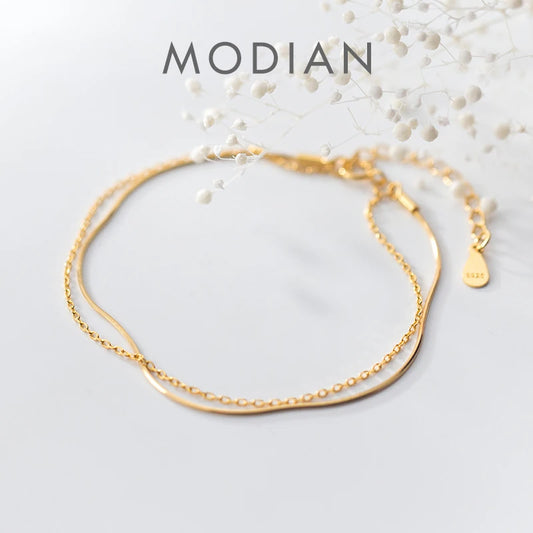 Doppelreihiges 925 Sterling Silber Armband in Goldoptik
