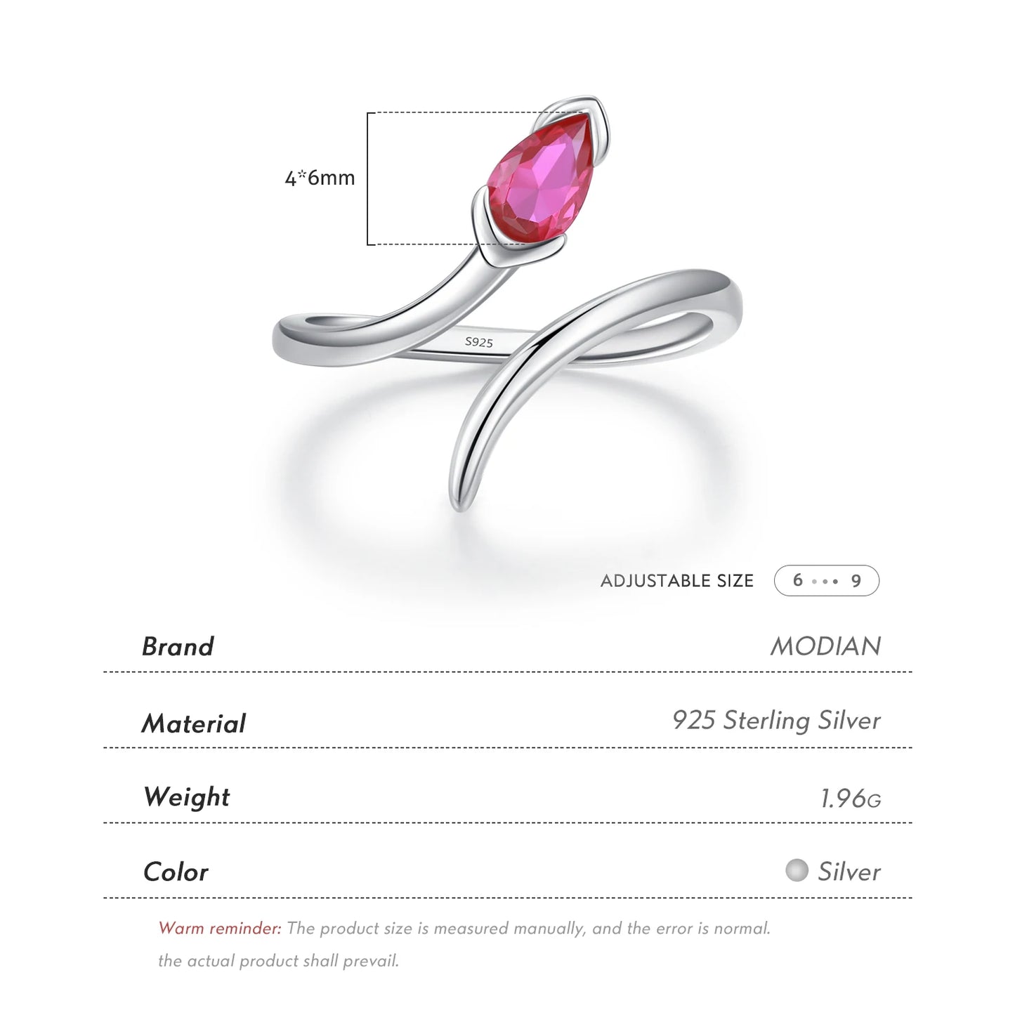 925 Sterling Silber Ring mit rotem Tropfen-Zirkonia