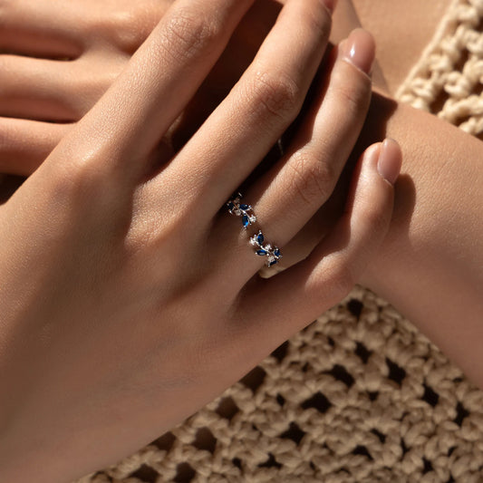 925 Sterling Silber Ring mit blauen Zirkonblättern – elegantes Blattdesign