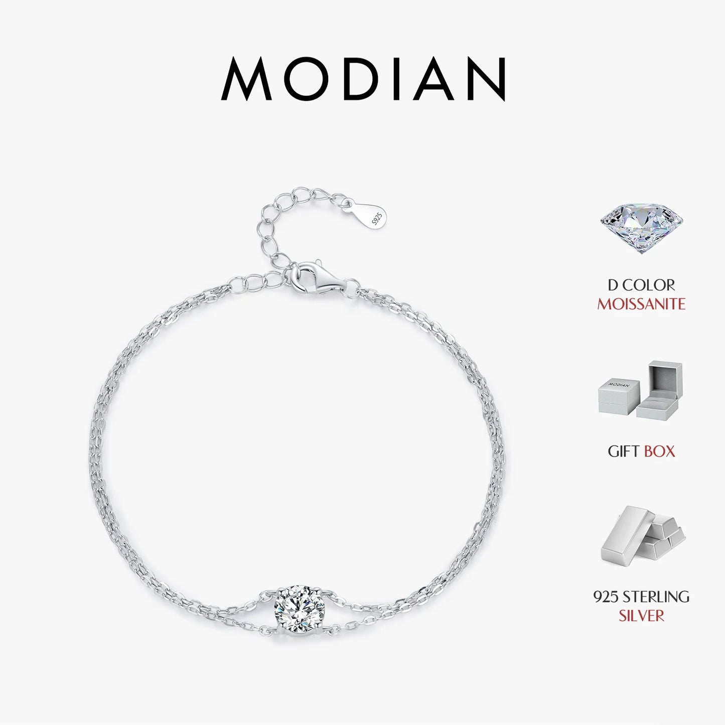 925 Sterling Silber Armband mit Moissanit-Solitär