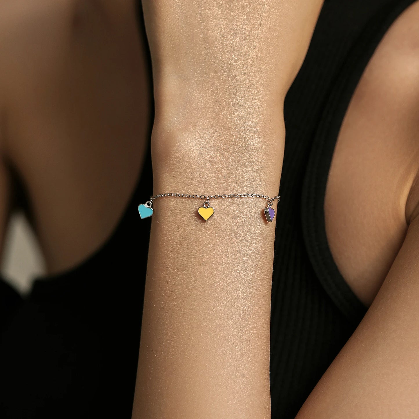 925 Sterling Silber Armband mit bunten Herz-Anhängern