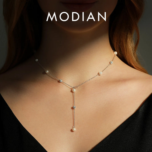 Elegante Y-Kette aus 925 Sterling Silber mit Perlen & Zirkonia