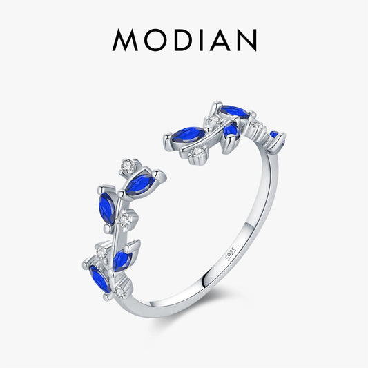 925 Sterling Silber Ring mit blauen Zirkonblättern – elegantes Blattdesign