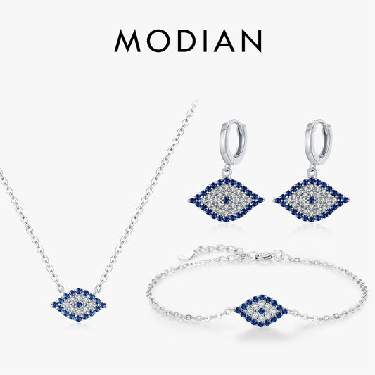 925 Sterling Silber „Evil Eye“ Schmuckset – Kette, Armband & Ohrringe mit blauen Zirkonsteinen