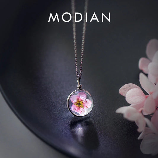 925 Sterling Silber Halskette mit echter Blüte im Glas-Anhänger