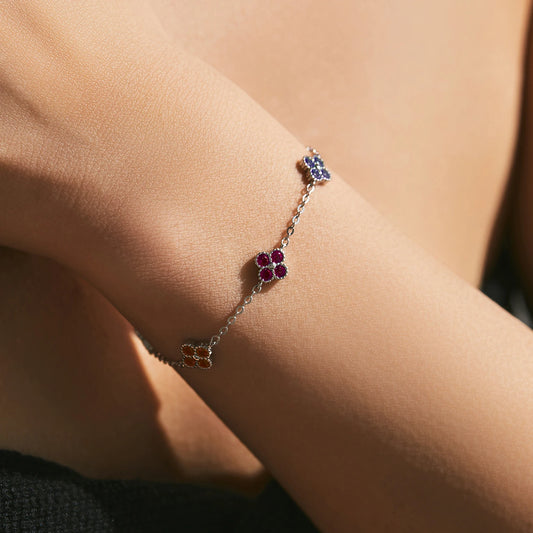925 Sterling Silber Armband mit bunten Zirkonblüten – zarte Eleganz in Regenbogenfarben