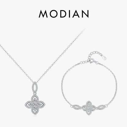 925 Sterling Silber Schmuckset mit Zirkonblüte – Kette & Armband im eleganten Design