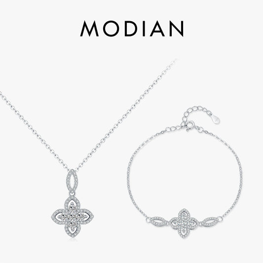 925 Sterling Silber Schmuckset mit Zirkonblüte – Kette & Armband im eleganten Design