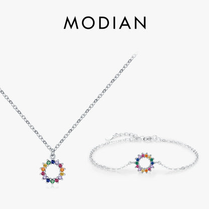 925 Sterling Silber Schmuckset mit buntem Sonnenmotiv – Kette & Armband mit Zirkonsteinen