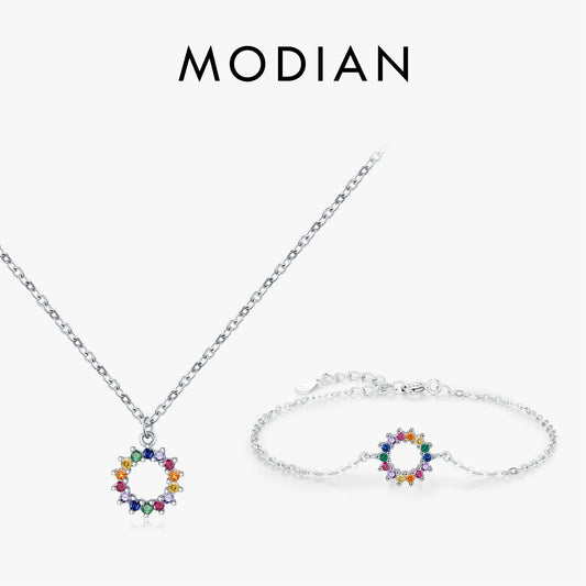 925 Sterling Silber Schmuckset mit buntem Sonnenmotiv – Kette & Armband mit Zirkonsteinen