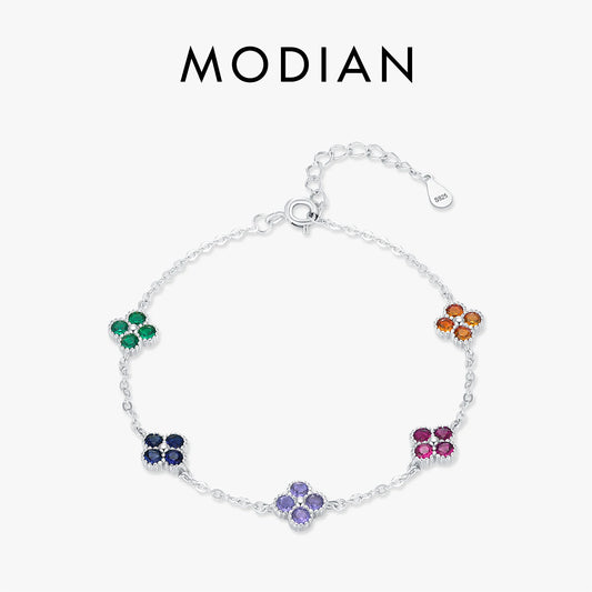 925 Sterling Silber Armband mit bunten Zirkonblüten – zarte Eleganz in Regenbogenfarben