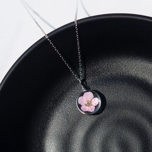 925 Sterling Silber Halskette mit echter Blüte im Glas-Anhänger